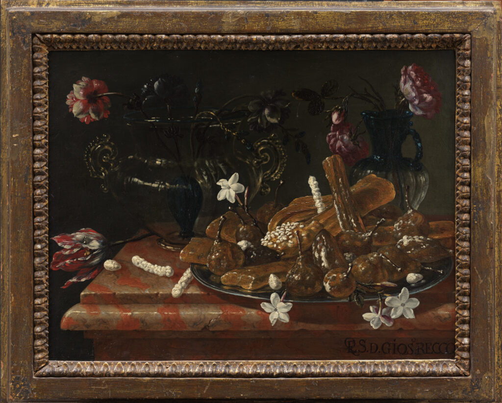 Giuseppe Recco (Italian, 1634–1695), Still Life with Food and Flowers on a Marble Table, 17th century, oil on marble, 20 1/2 × 25 1/5 in. (52 × 64 cm). Private Collection. Photo © Claudio del Campo